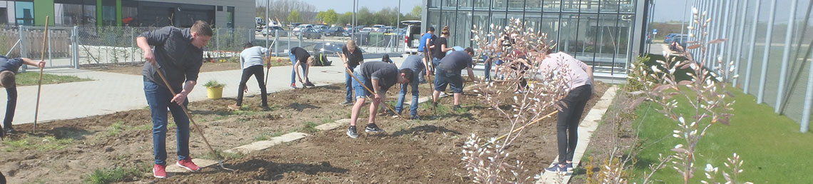 Schüler bearbeiten das Blumenbeet vor dem Schulhaus